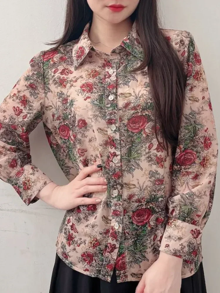 [DISKON KILAT]ASAYA Atasan kemeja dengan motif bunga tua dengan lengan panjang untuk wanita