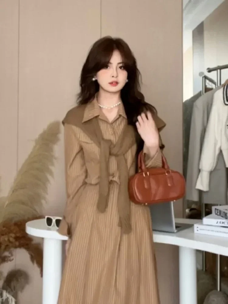 [NEW]CHICMORE Korean style women's casual fashion slim waist long-sleeved long striped dress