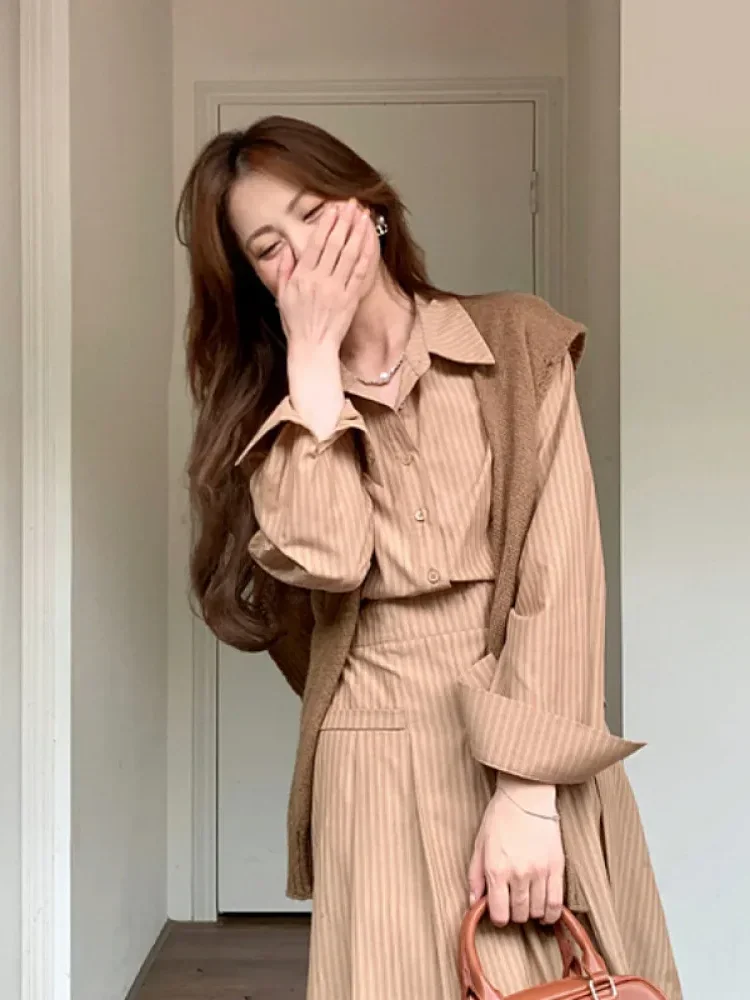[NEW]CHICMORE Korean style women's casual fashion slim waist long-sleeved long striped dress