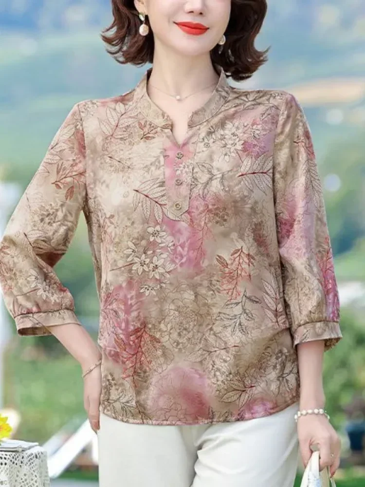 FADFAD Atasan kemeja motif bawah lengan tiga perempat
