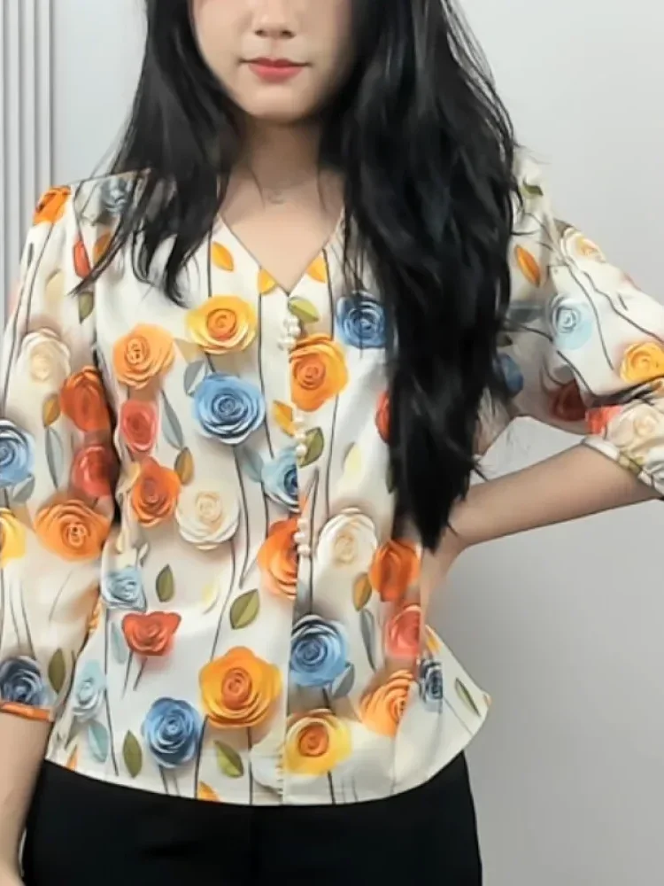 [DISKON KILAT]FADFAD Atasan kemeja wanita bermotif serbaguna v-neck modis gaya musim panas baru