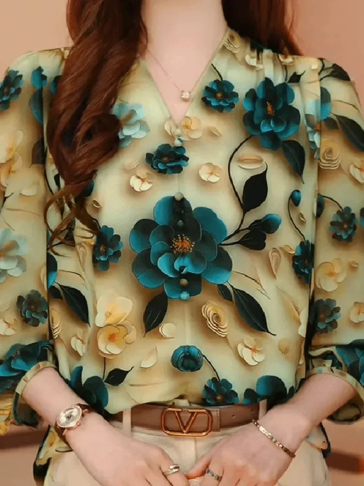 [NEW]FADFAD Atasan kemeja wanita bermotif serbaguna v-neck modis gaya musim panas baru 2024 terlihat melangsingkan