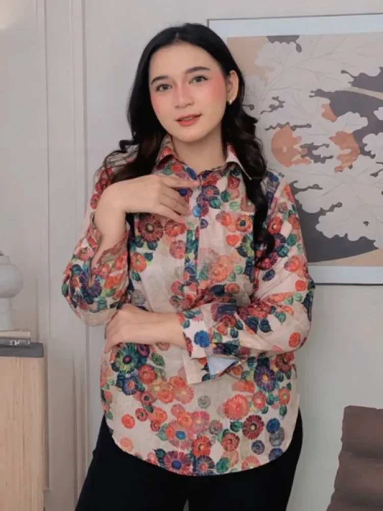 [DISKON KILAT]FADFAD Atasan kemeja panjang dengan motif bunga lengan panjang untuk wanita