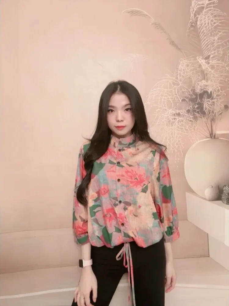 [DISKON KILAT]FADFAD Atasan kemeja bermotif warna-warni retro untuk wanita, tipis, kasual, dan serbaguna