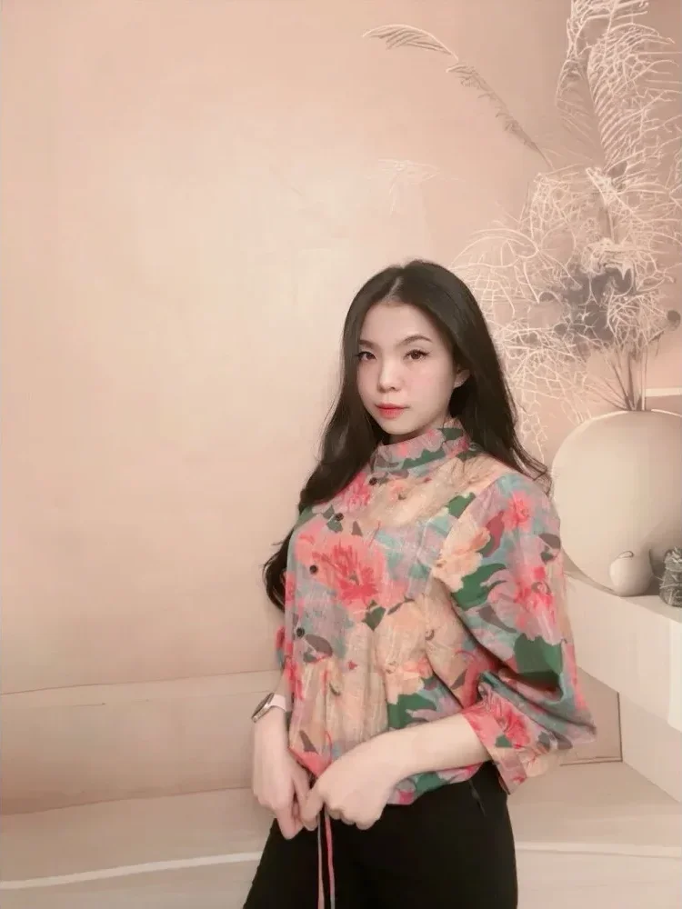 [DISKON KILAT]FADFAD Atasan kemeja bermotif warna-warni retro untuk wanita, tipis, kasual, dan serbaguna