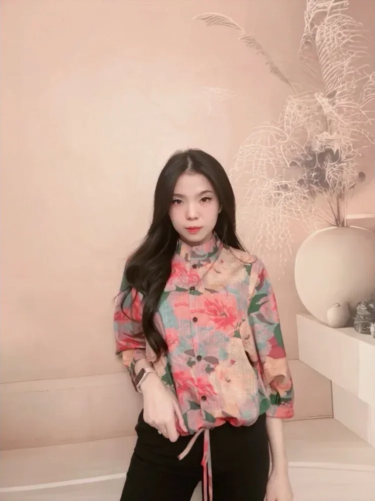 [DISKON KILAT]FADFAD Atasan kemeja bermotif warna-warni retro untuk wanita, tipis, kasual, dan serbaguna