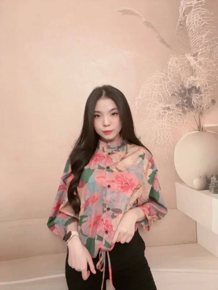[DISKON KILAT]FADFAD Atasan kemeja bermotif warna-warni retro untuk wanita, tipis, kasual, dan serbaguna