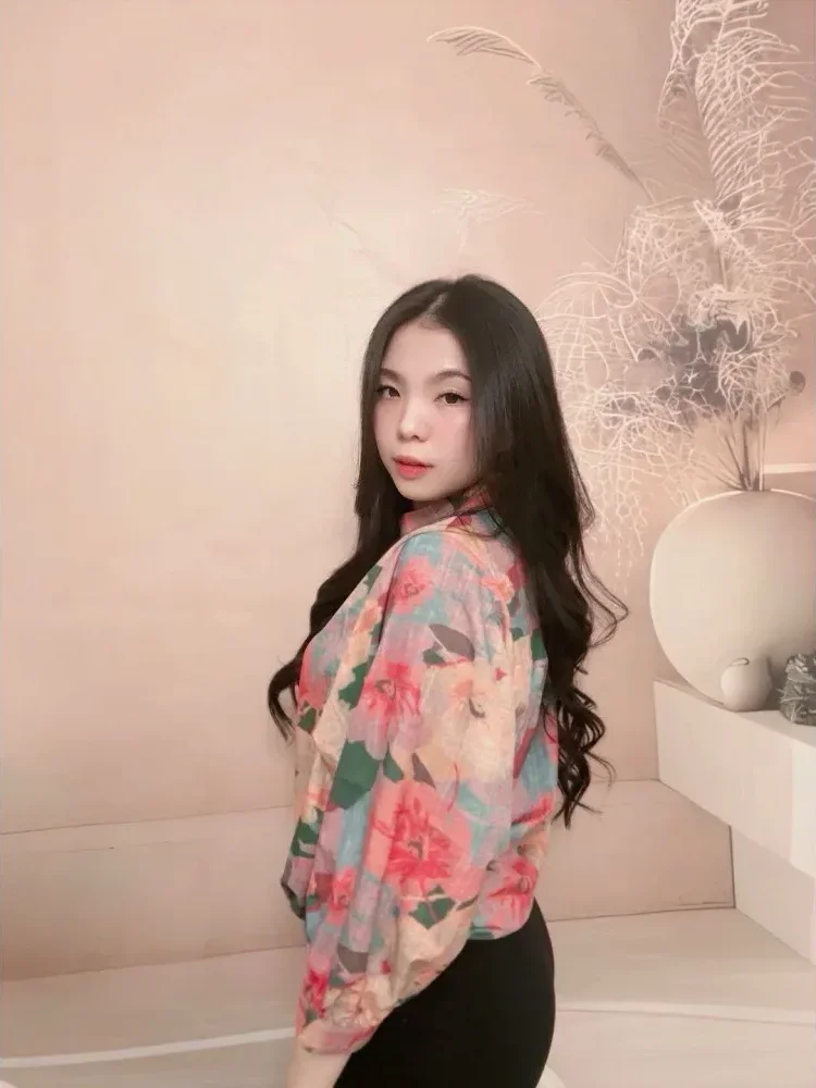 [DISKON KILAT]FADFAD Atasan kemeja bermotif warna-warni retro untuk wanita, tipis, kasual, dan serbaguna