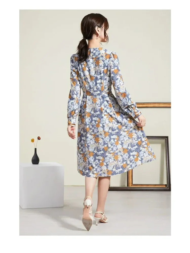 [DISKON KILAT]FADFAD Gaun midi lengan panjang kerah v renda romantis retro longgar