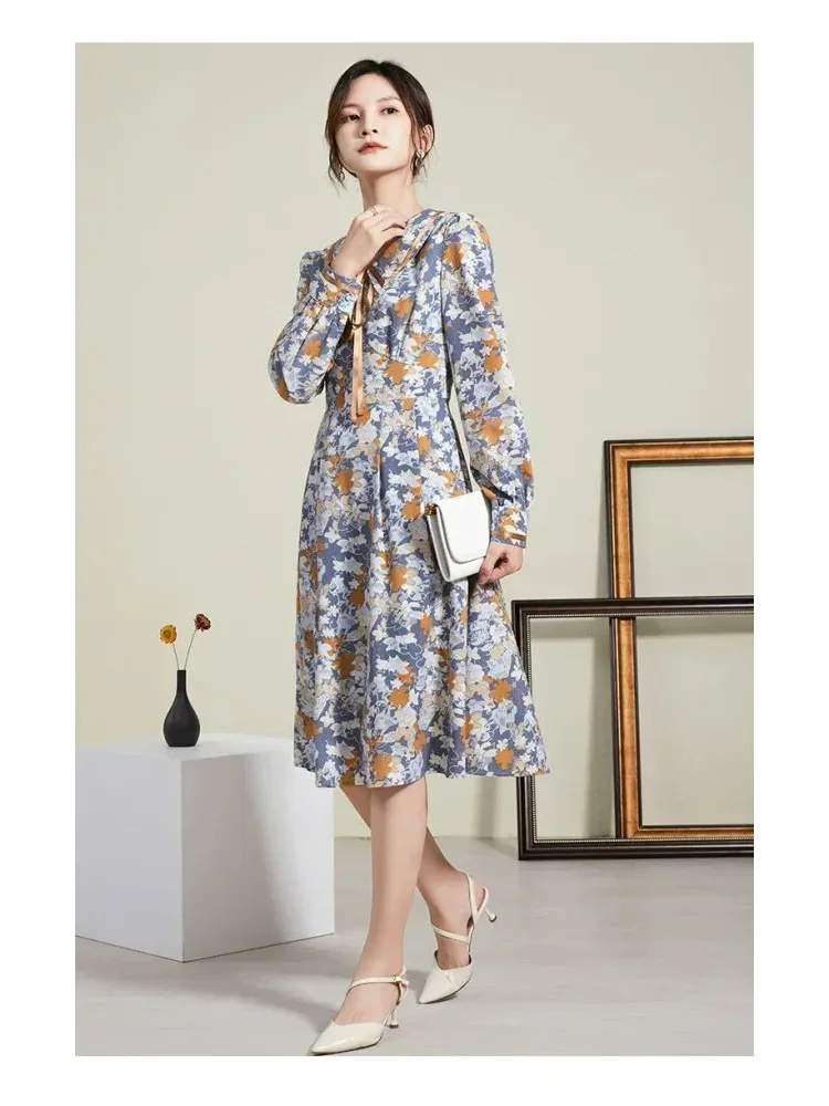 [DISKON KILAT]FADFAD Gaun midi lengan panjang kerah v renda romantis retro longgar
