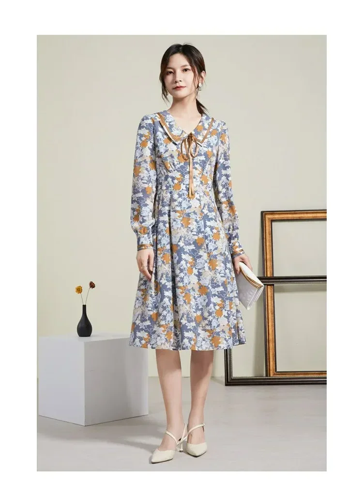 [DISKON KILAT]FADFAD Gaun midi lengan panjang kerah v renda romantis retro longgar