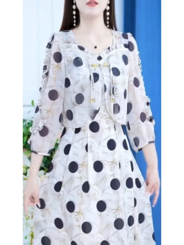 FADFAD Gaun wanita dua potong palsu rok panjang sedang bermotif gaya kasual