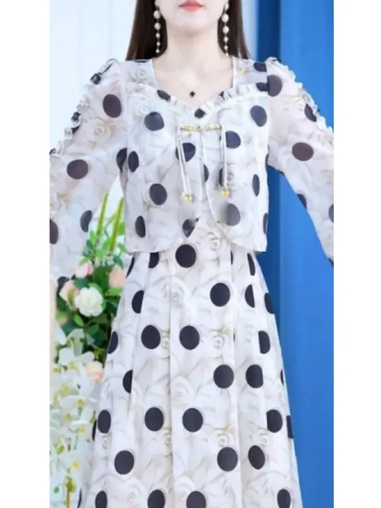 FADFAD Gaun wanita dua potong palsu rok panjang sedang bermotif gaya kasual