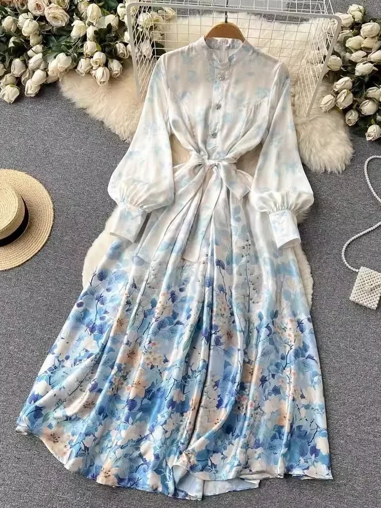 [CUCI GUDANG]FADFAD Gaun modis lengan panjang dengan motif bunga-bunga gaya musim semi