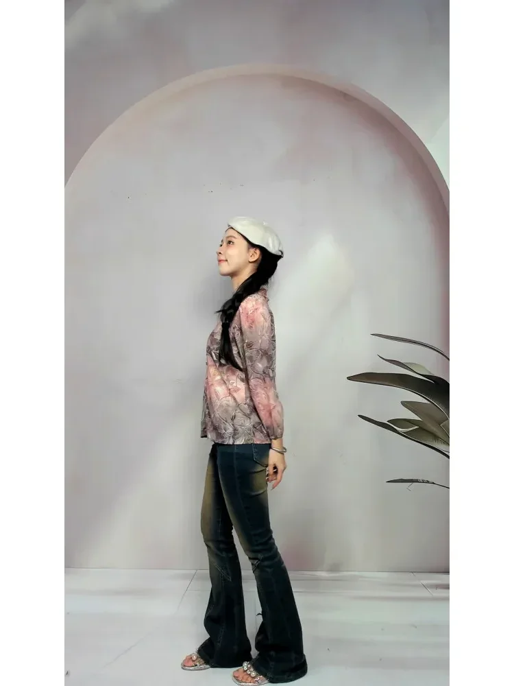 [DISKON KILAT]FADFAD Atasan blouse longgar wanita lengan tiga perempat dengan kerah rumbai bermotif daun