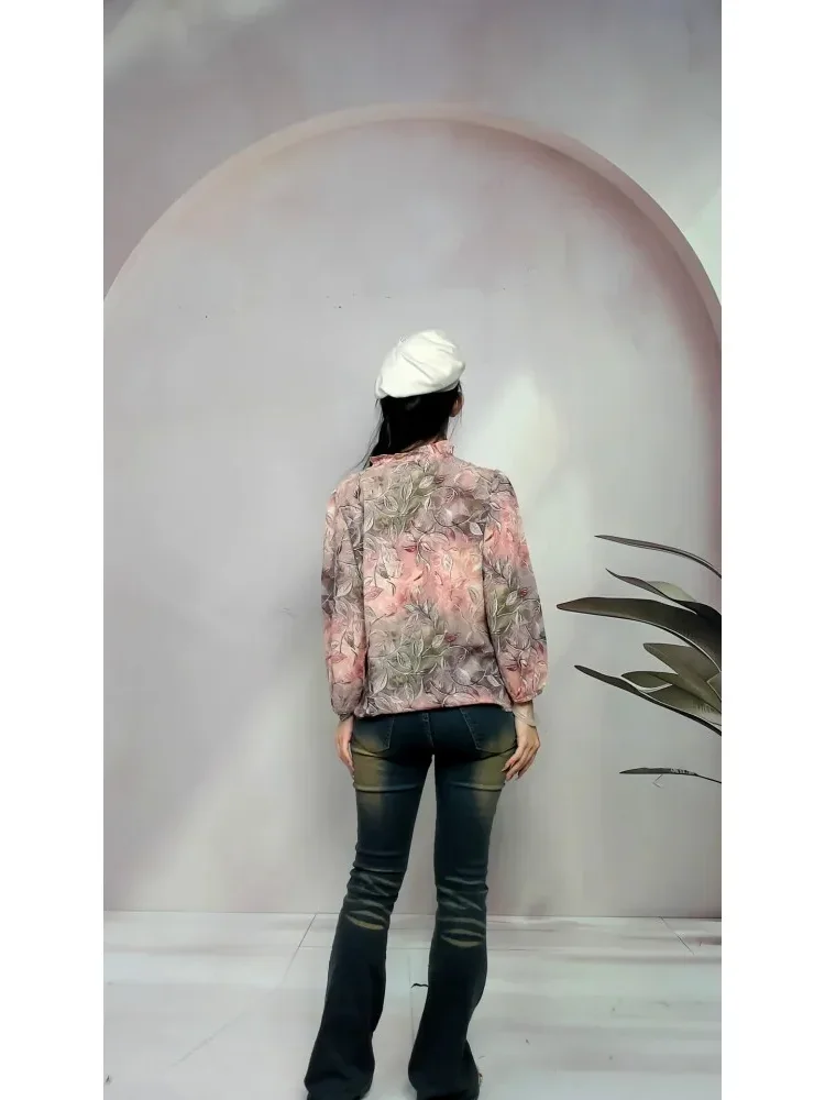 [DISKON KILAT]FADFAD Atasan blouse longgar wanita lengan tiga perempat dengan kerah rumbai bermotif daun