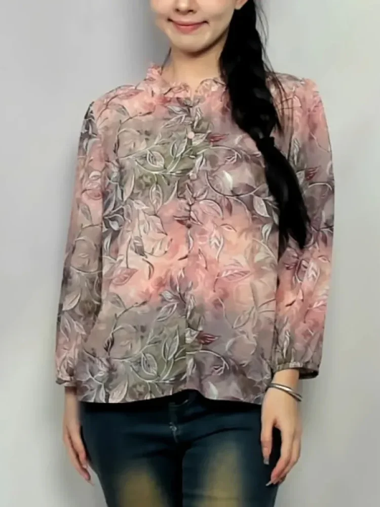 [DISKON KILAT]FADFAD Atasan blouse longgar wanita lengan tiga perempat dengan kerah rumbai bermotif daun