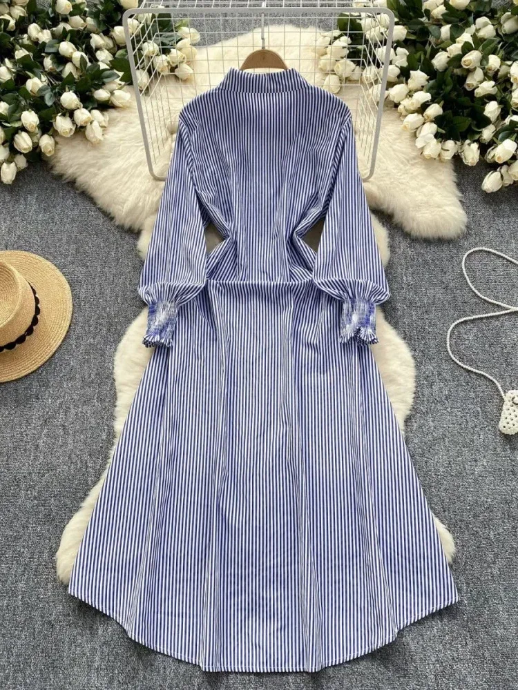 [DISKON KILAT]CHICMORE Gaun kemeja bergaris yang stylish dan elegan