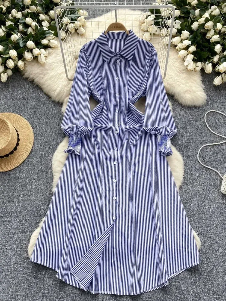 [DISKON KILAT]CHICMORE Gaun kemeja bergaris yang stylish dan elegan
