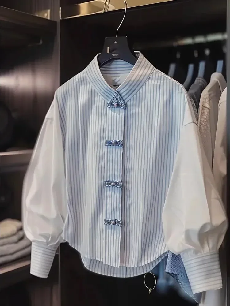 [NEW]FADFAD Atasan kemeja wanita lengan panjang motif garis gaya baju china untuk wanita