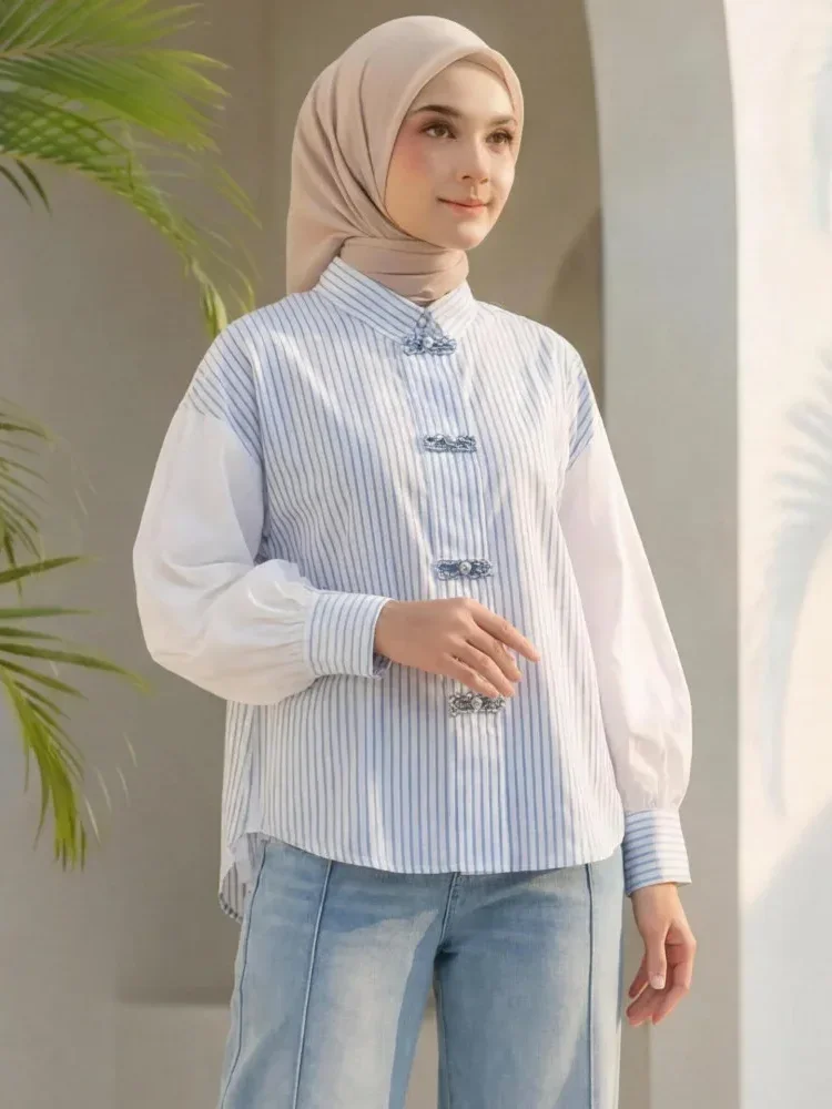 [NEW]FADFAD Atasan kemeja wanita lengan panjang motif garis gaya baju china untuk wanita