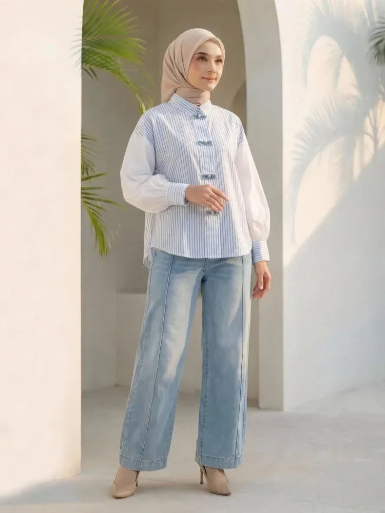 [NEW]FADFAD Atasan kemeja wanita lengan panjang motif garis gaya baju china untuk wanita