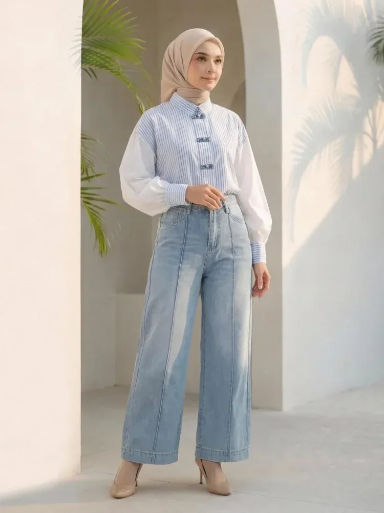 [NEW]FADFAD Atasan kemeja wanita lengan panjang motif garis gaya baju china untuk wanita