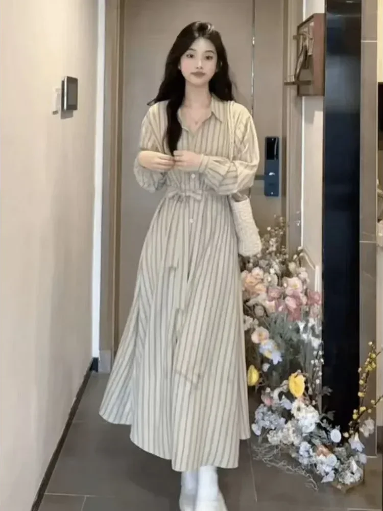 [NEW]FADFAD Gaun bergaris sederhana pinggang melangsingkan untuk wanita