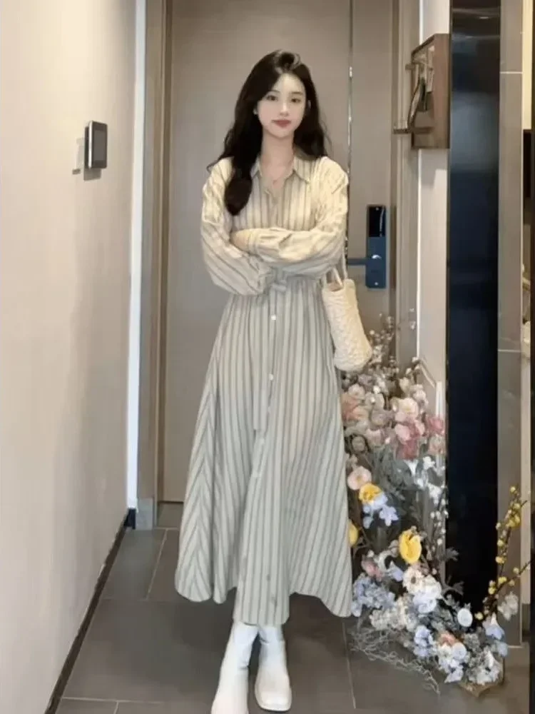 [NEW]FADFAD Gaun bergaris sederhana pinggang melangsingkan untuk wanita