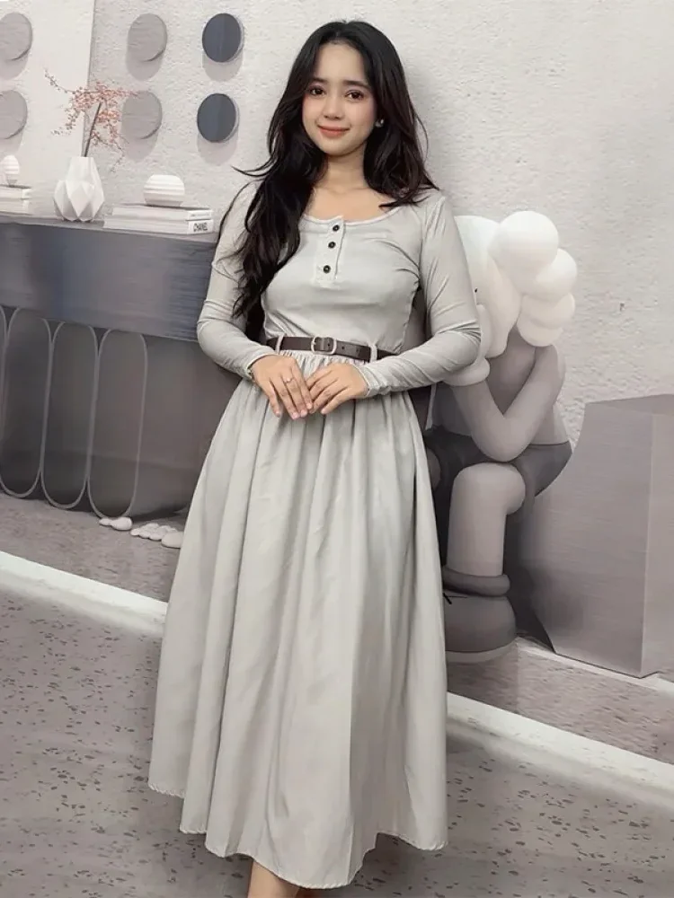 [DISKON KILAT]CHICMORE Gaun kasual basic coklat rok panjang yang keren dan santai untuk wanita
