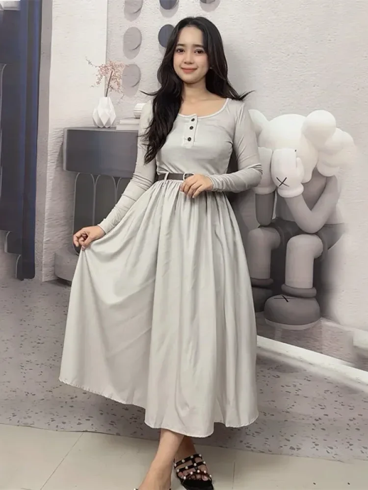 [DISKON KILAT]CHICMORE Gaun kasual basic coklat rok panjang yang keren dan santai untuk wanita