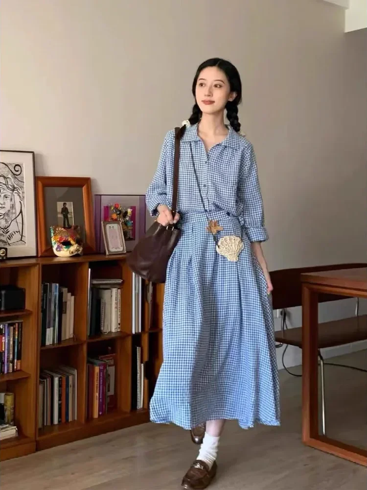 [DISKON KILAT]CHICMORE Gaun panjang desain kemeja kotak-kotak biru gaya korea baru wanita