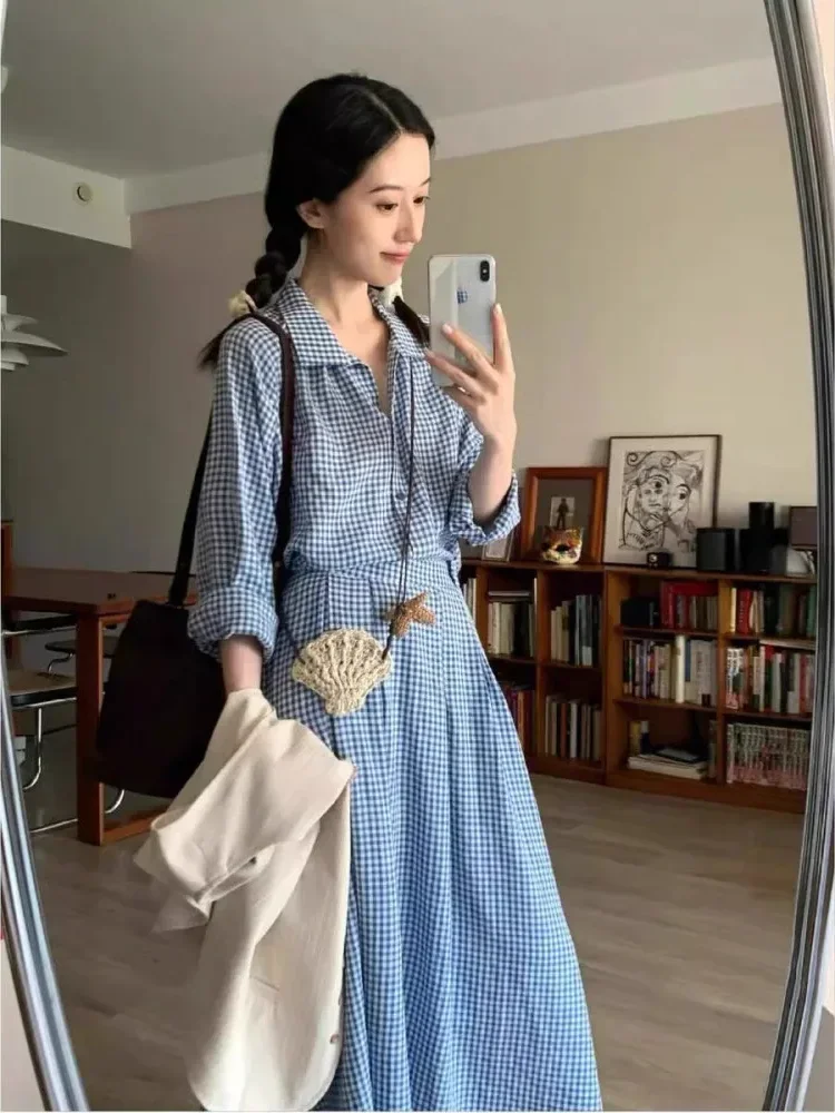 [DISKON KILAT]CHICMORE Gaun panjang desain kemeja kotak-kotak biru gaya korea baru wanita