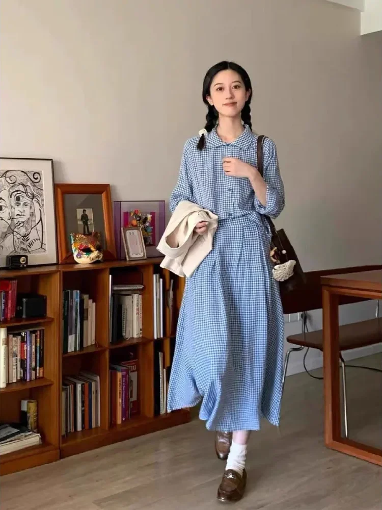[DISKON KILAT]CHICMORE Gaun panjang desain kemeja kotak-kotak biru gaya korea baru wanita