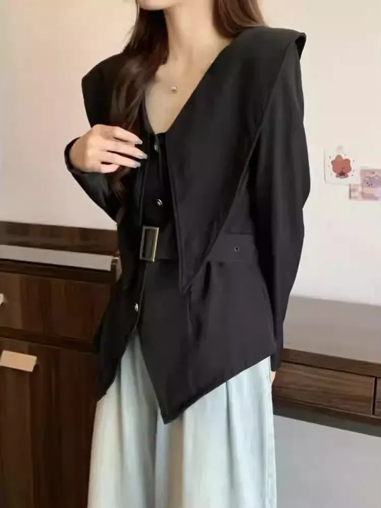 FADFAD Atasan kemeja wanita kerah v dengan belt di pinggang