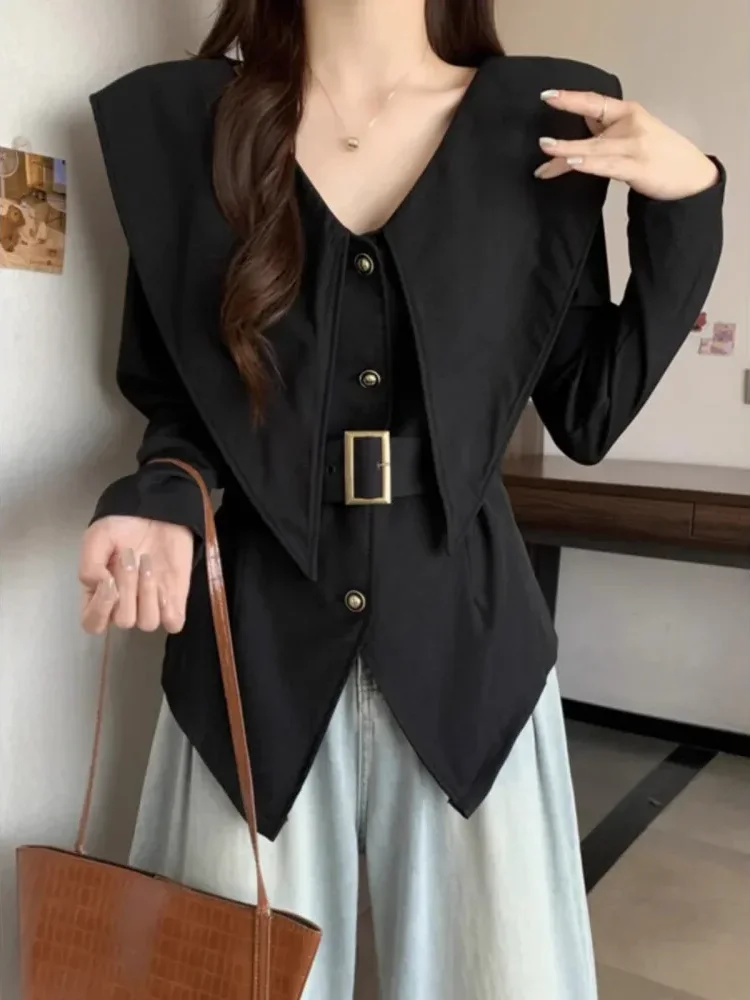 FADFAD Atasan kemeja wanita kerah v dengan belt di pinggang