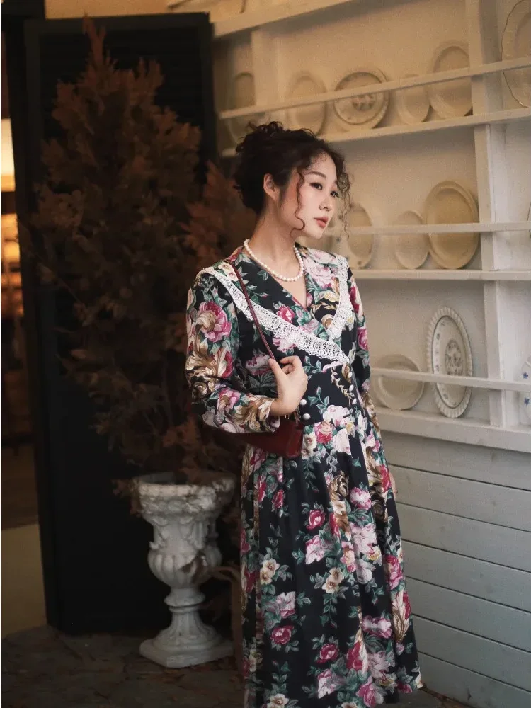 [DISKON KILAT]FADFAD Gaun lengan panjang bunga renda vintage retro untuk wanita