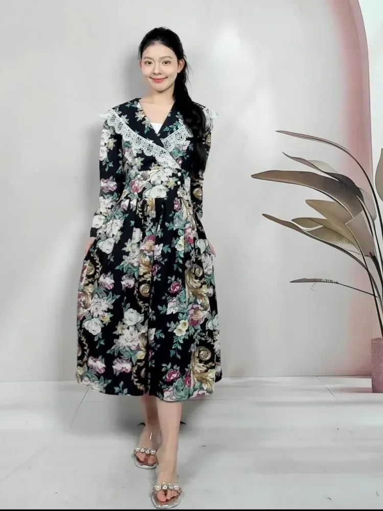 [DISKON KILAT]FADFAD Gaun lengan panjang bunga renda vintage retro untuk wanita
