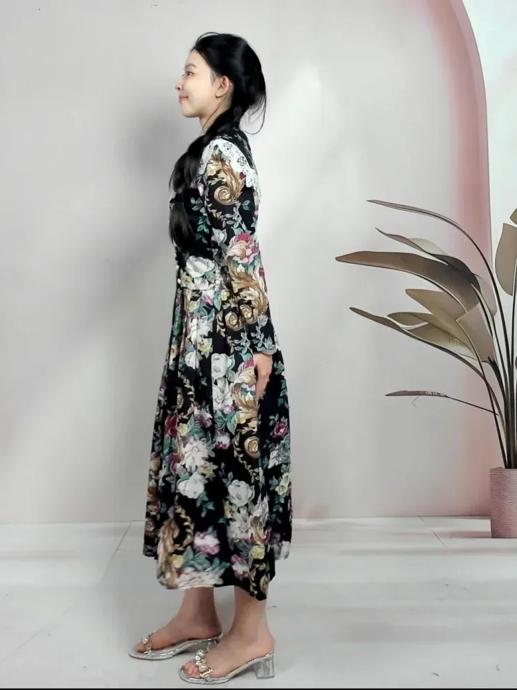 [DISKON KILAT]FADFAD Gaun lengan panjang bunga renda vintage retro untuk wanita