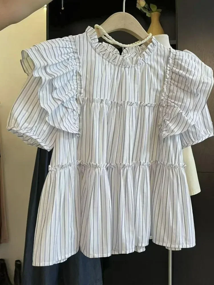 [DISKON KILAT]CHICMORE Atasan kemeja babydoll bergaris kerut lengan pendek untuk wanita