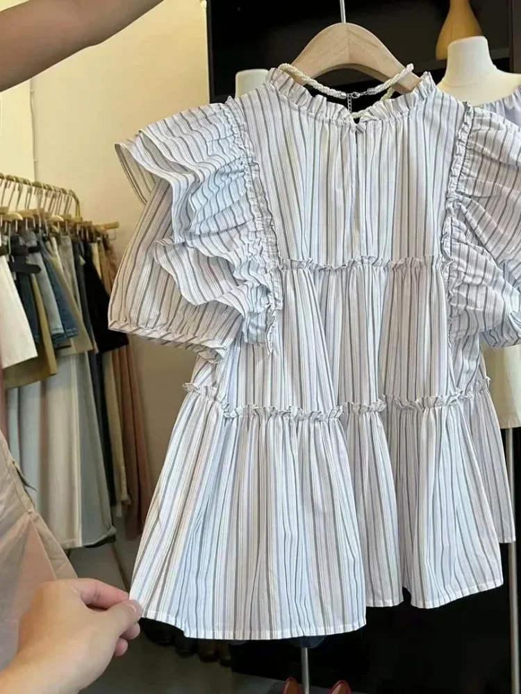 [DISKON KILAT]CHICMORE Atasan kemeja babydoll bergaris kerut lengan pendek untuk wanita