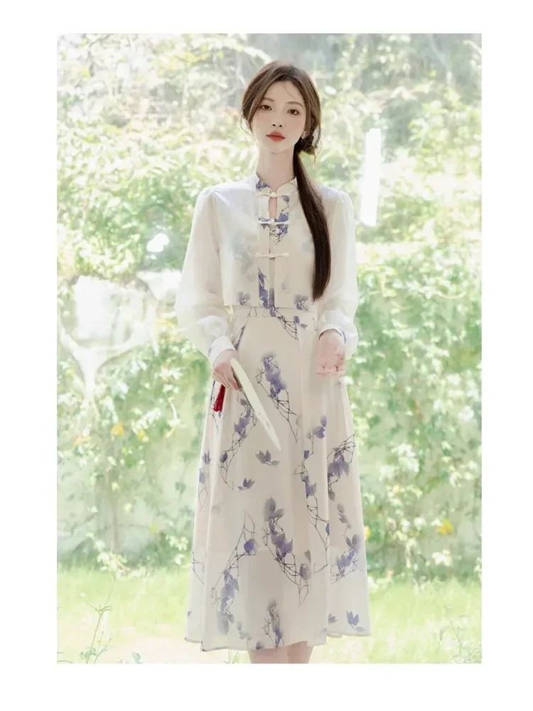 [CUCI GUDANG]CHICMORE Gaun dua potong gaya cina motif cetak kerah bulat cocok untuk musim panas