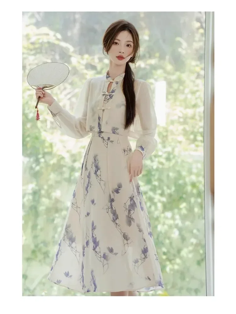 [CUCI GUDANG]CHICMORE Gaun dua potong gaya cina motif cetak kerah bulat cocok untuk musim panas