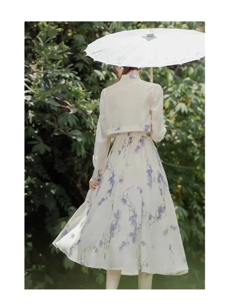 [CUCI GUDANG]CHICMORE Gaun dua potong gaya cina motif cetak kerah bulat cocok untuk musim panas