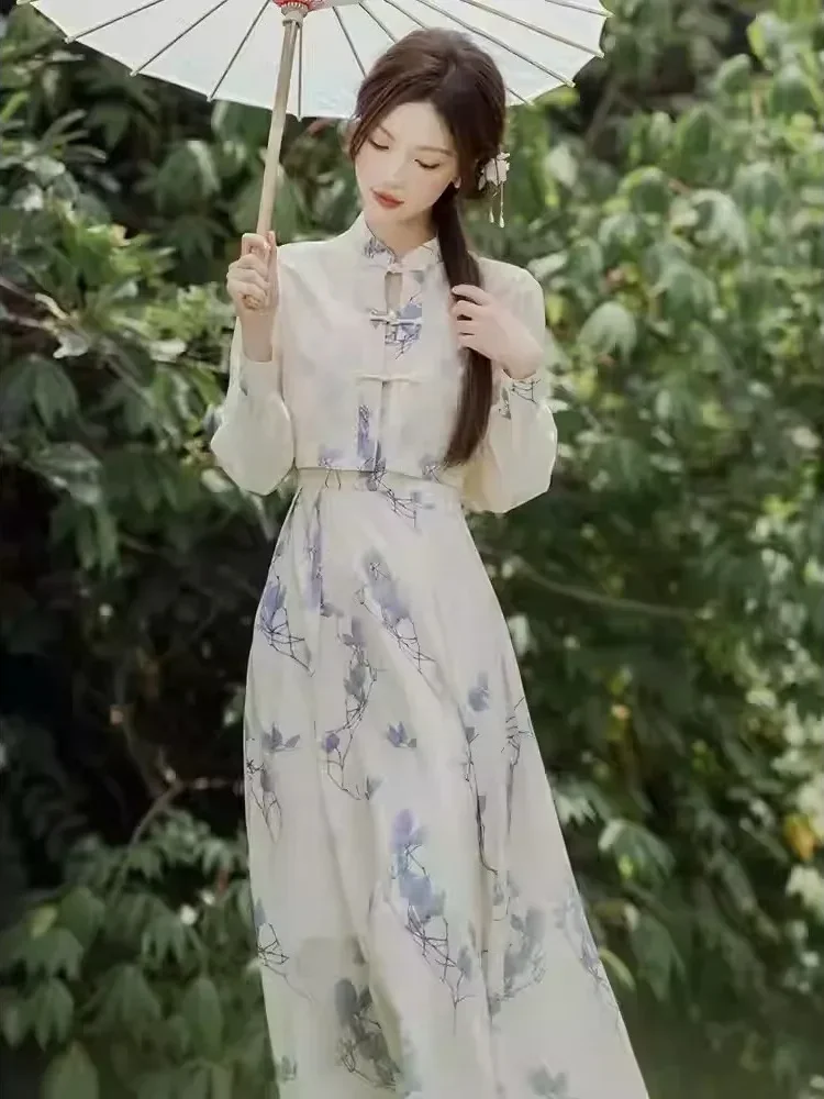 [CUCI GUDANG]CHICMORE Gaun dua potong gaya cina motif cetak kerah bulat cocok untuk musim panas