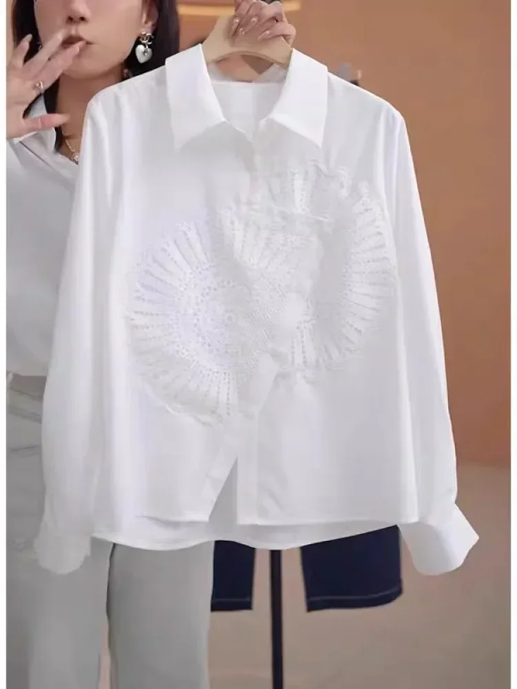 FADFAD Atasan kemeja longgar desain tidak beraturan lengan panjang kerah polo warna kontras untuk wanita gaya modis