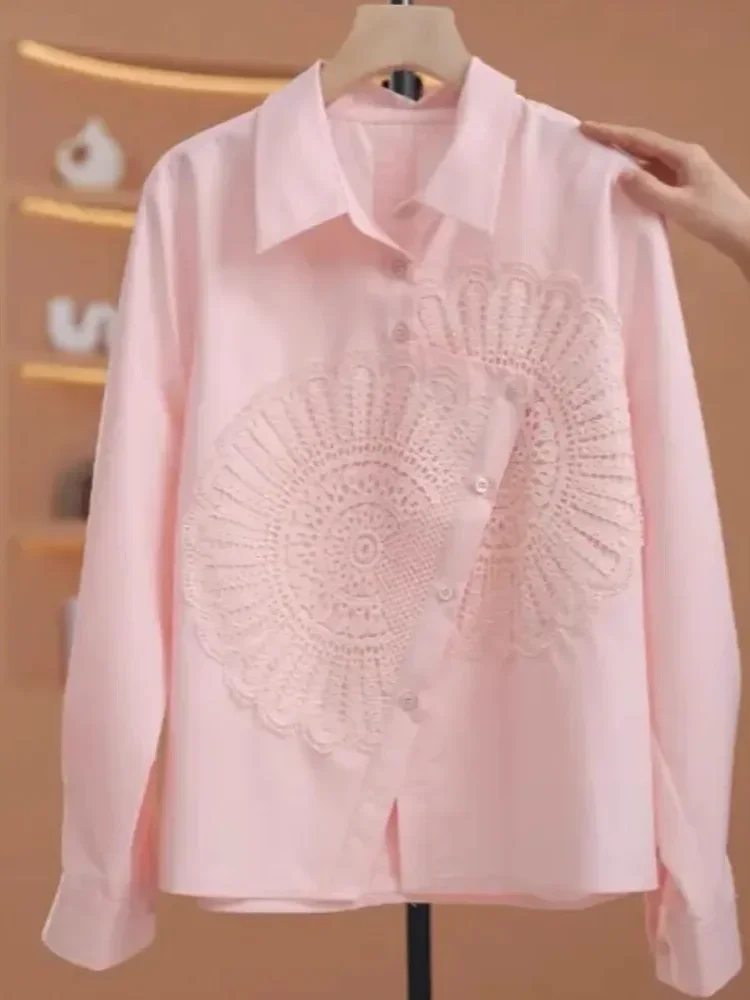 FADFAD Atasan kemeja longgar desain tidak beraturan lengan panjang kerah polo warna kontras untuk wanita gaya modis