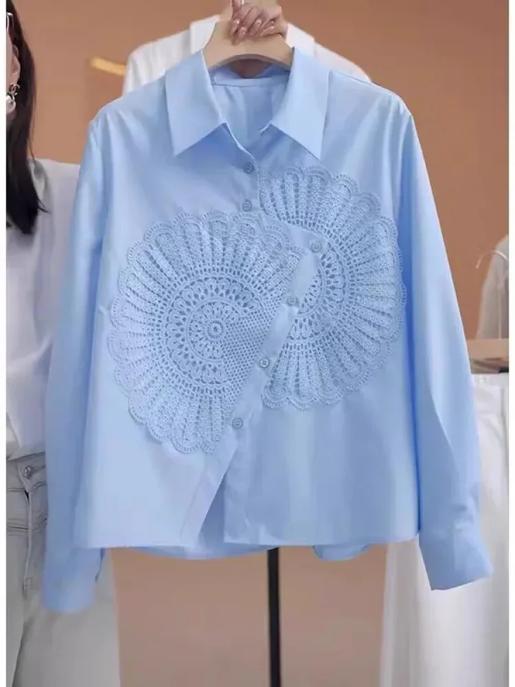 FADFAD Atasan kemeja longgar desain tidak beraturan lengan panjang kerah polo warna kontras untuk wanita gaya modis