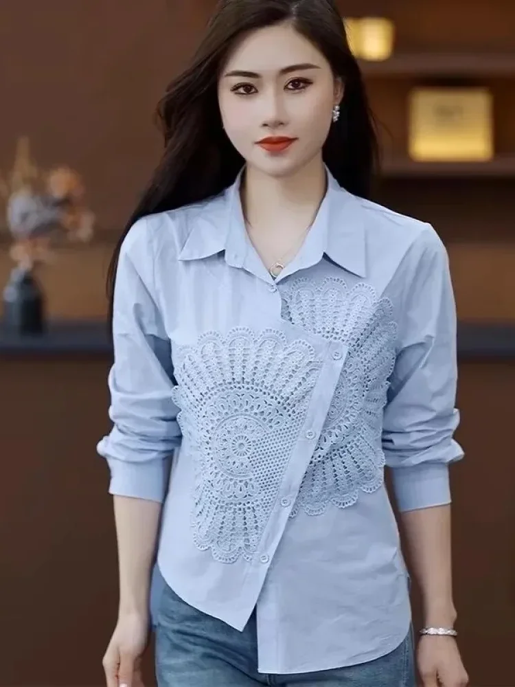 FADFAD Atasan kemeja longgar desain tidak beraturan lengan panjang kerah polo warna kontras untuk wanita gaya modis