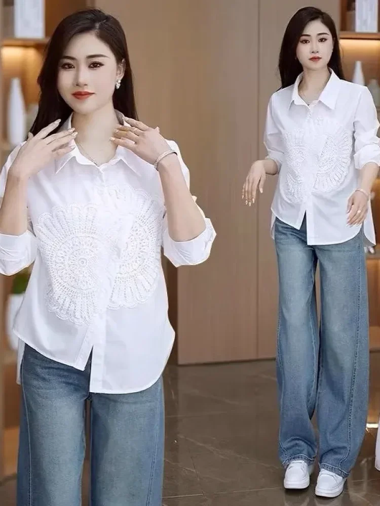 FADFAD Atasan kemeja longgar desain tidak beraturan lengan panjang kerah polo warna kontras untuk wanita gaya modis